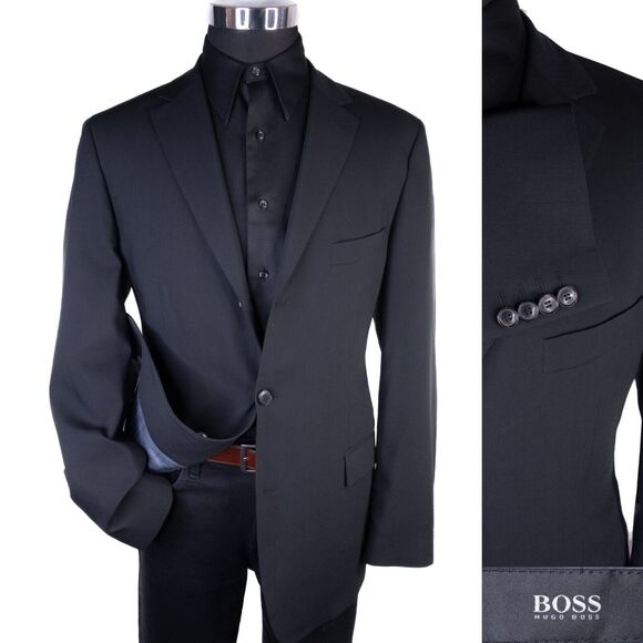 BOSS Hugo Boss Men 3 Button Blazer 42R Wool Solid Black Coat Jacket Blazer EUC - Picture 1 of 16